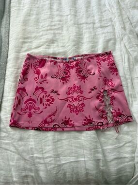Pink Patterned Lace-Up Mini Skirt